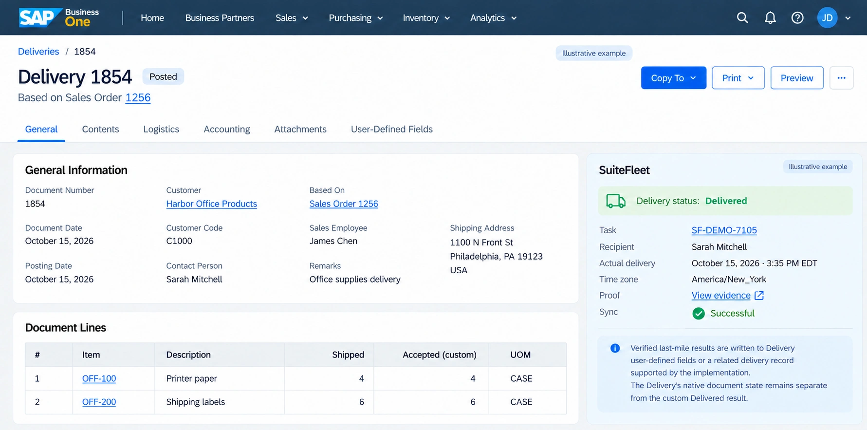 SAP Business One completed delivery example linked to 1256