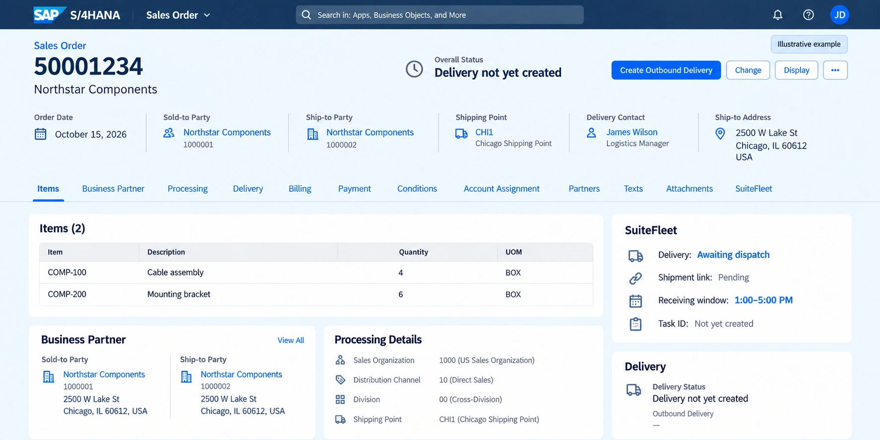 SAP S/4HANA starting order 50001234 with SuiteFleet extension