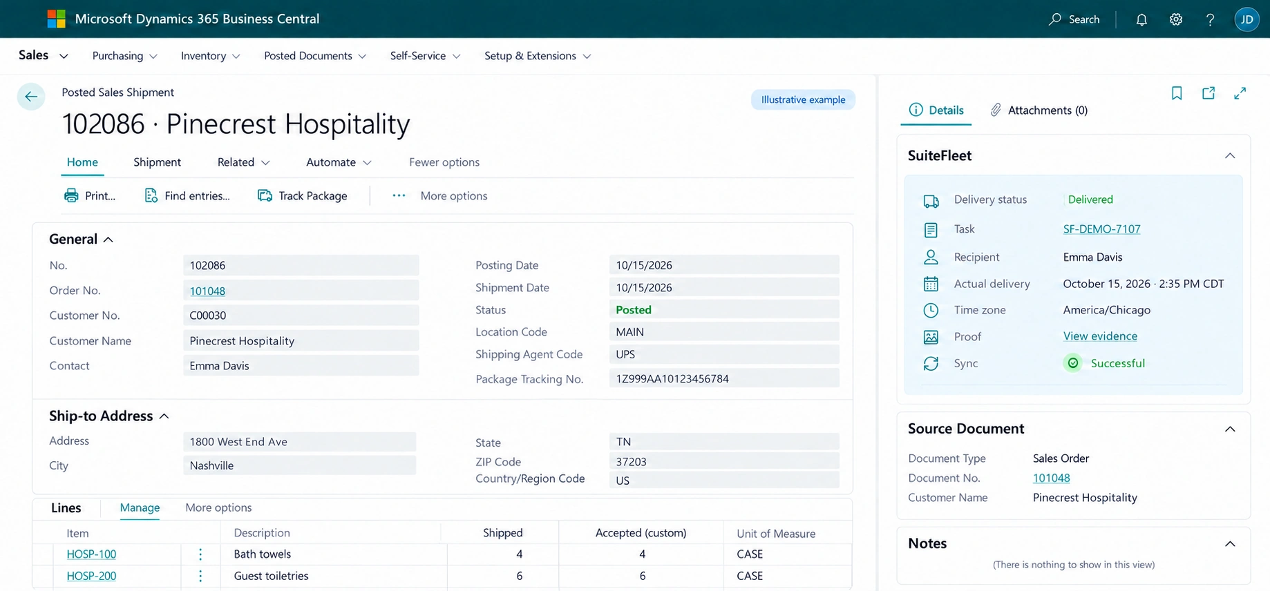 Microsoft Dynamics 365 Business Central completed delivery example linked to 101048