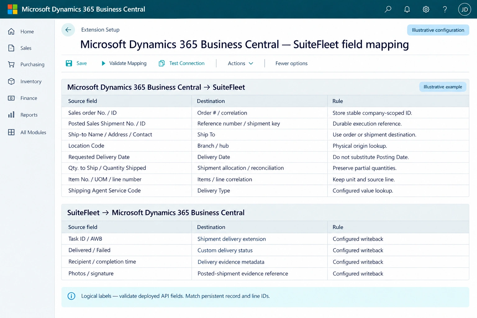 Microsoft Dynamics 365 Business Central to SuiteFleet field mapping and return mapping