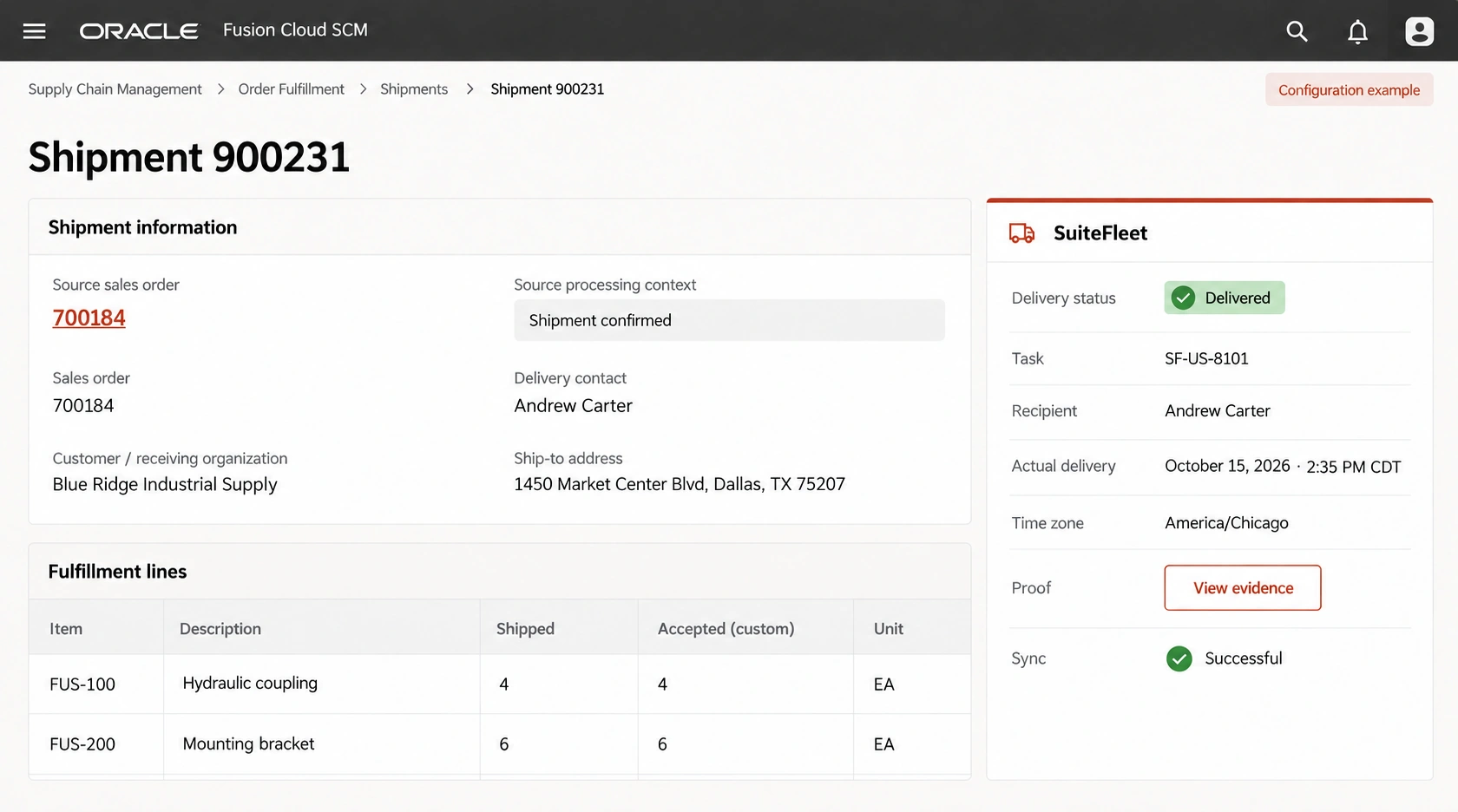 Oracle Fusion Cloud SCM completed delivery example linked to 700184