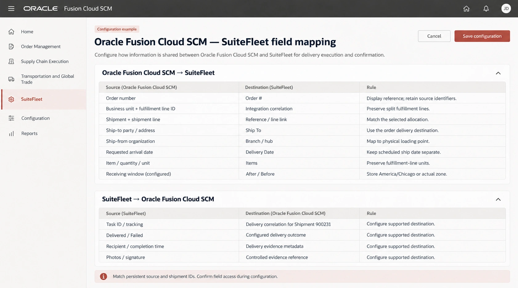 Oracle Fusion Cloud SCM to SuiteFleet field mapping and return mapping