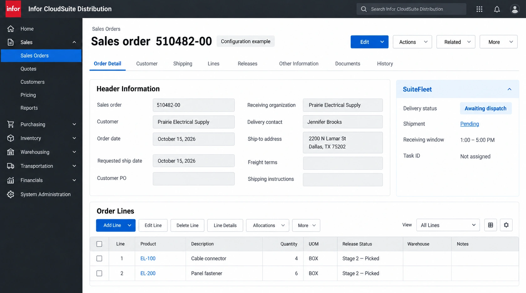 Infor CloudSuite Distribution starting order 510482-00 with SuiteFleet extension