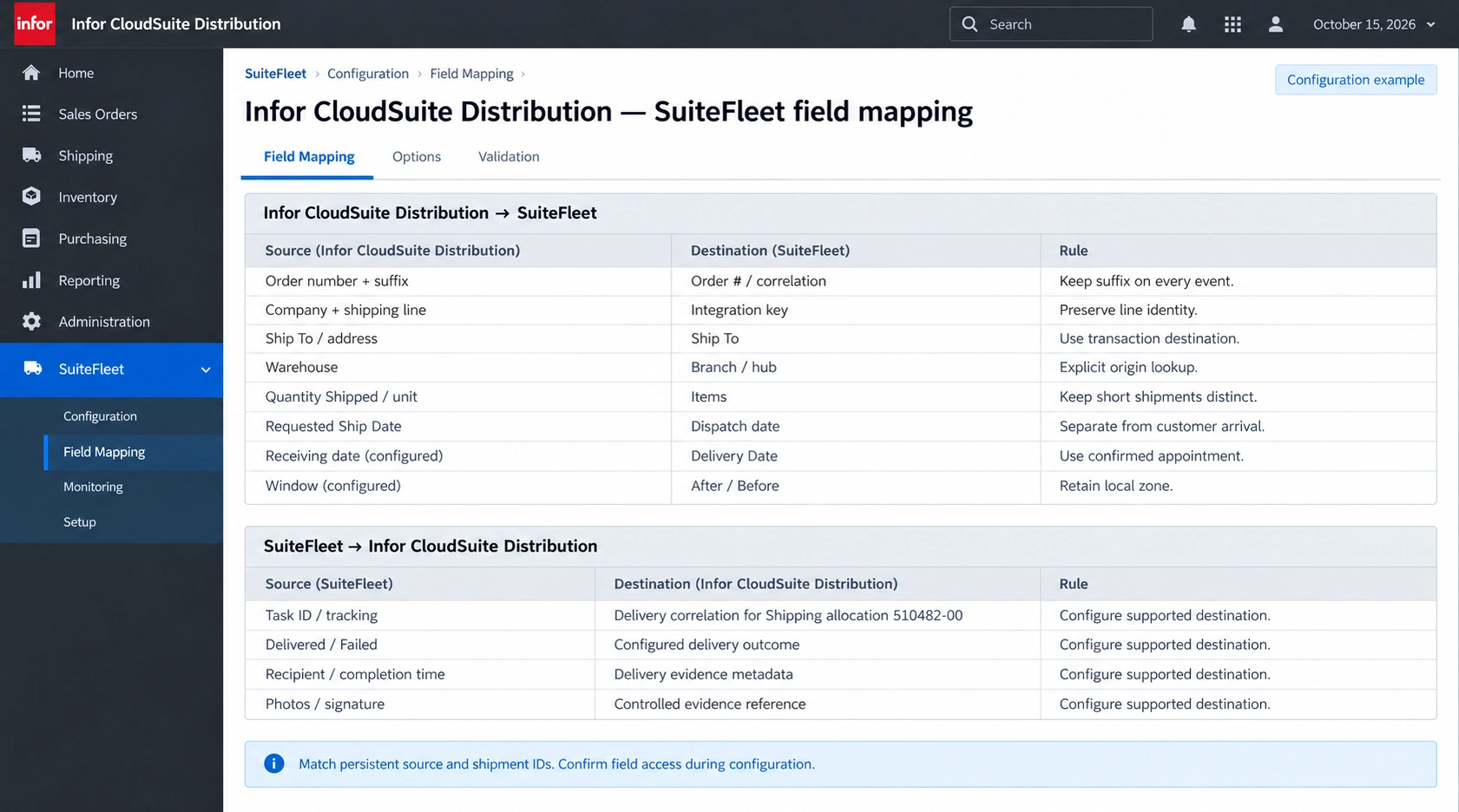 Infor CloudSuite Distribution to SuiteFleet field mapping and return mapping
