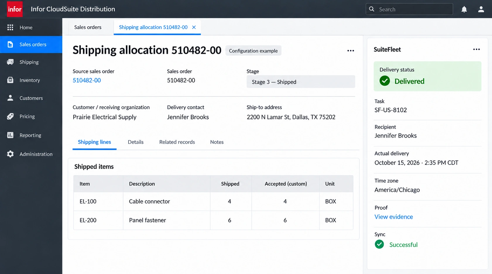 Infor CloudSuite Distribution completed delivery example linked to 510482-00