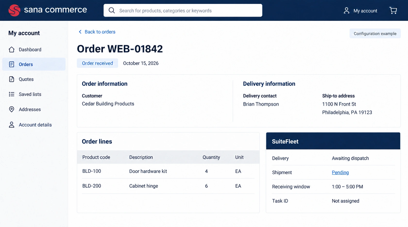 Sana Commerce starting order WEB-01842 with SuiteFleet extension