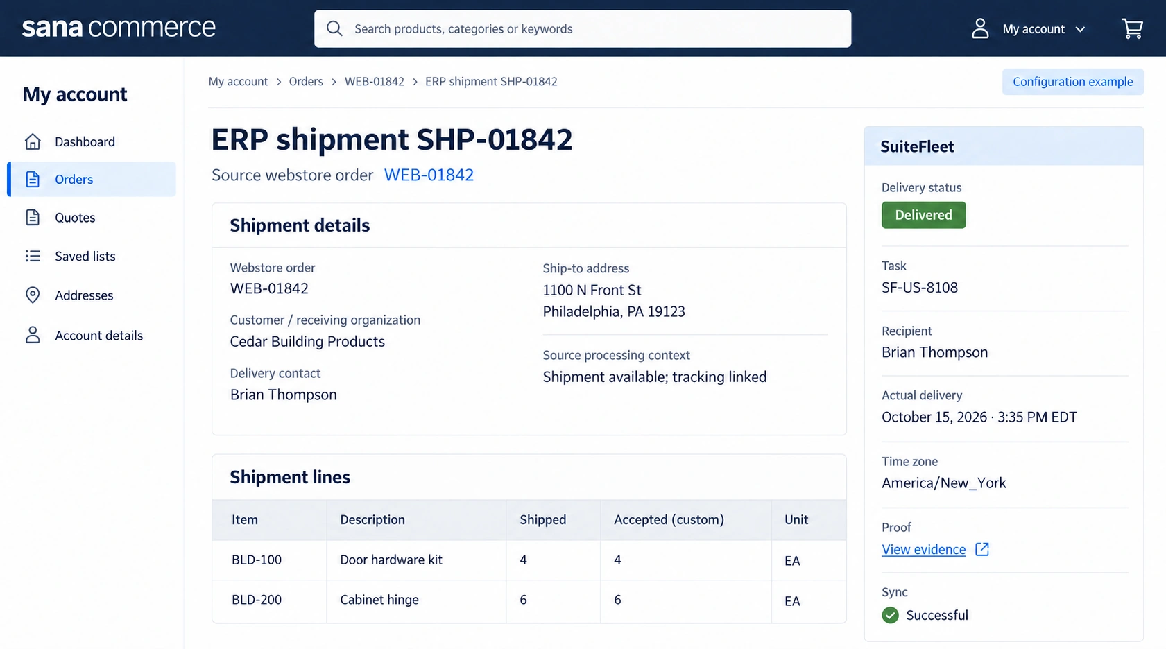 Sana Commerce completed delivery example linked to WEB-01842