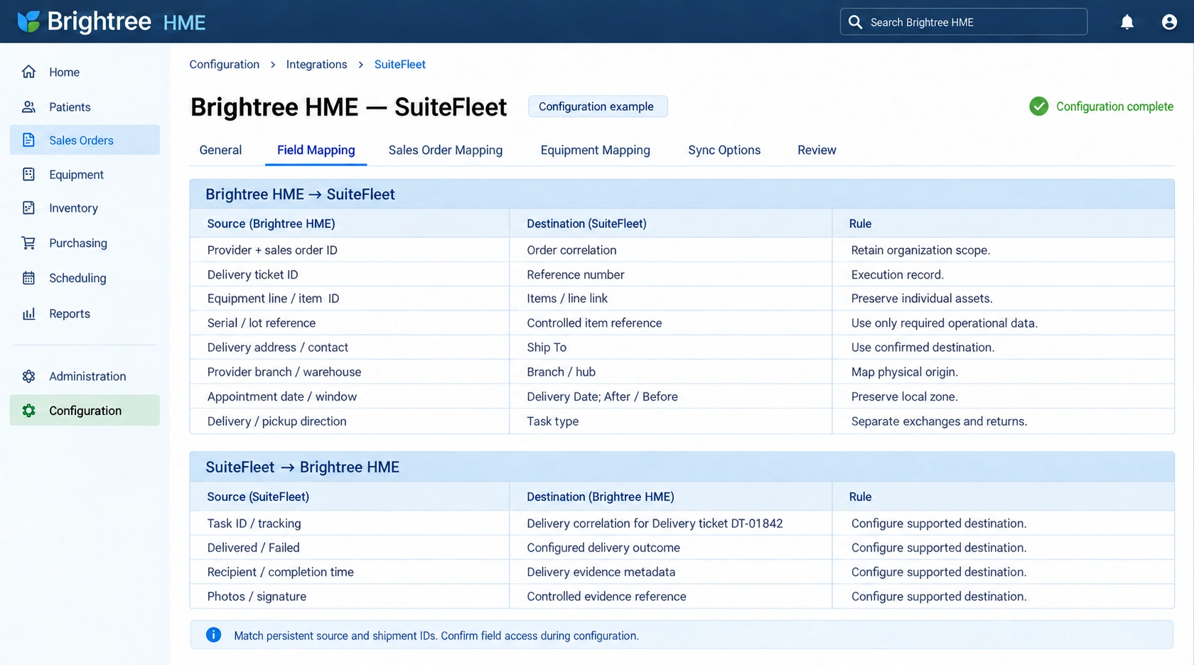 Brightree HME to SuiteFleet field mapping and return mapping