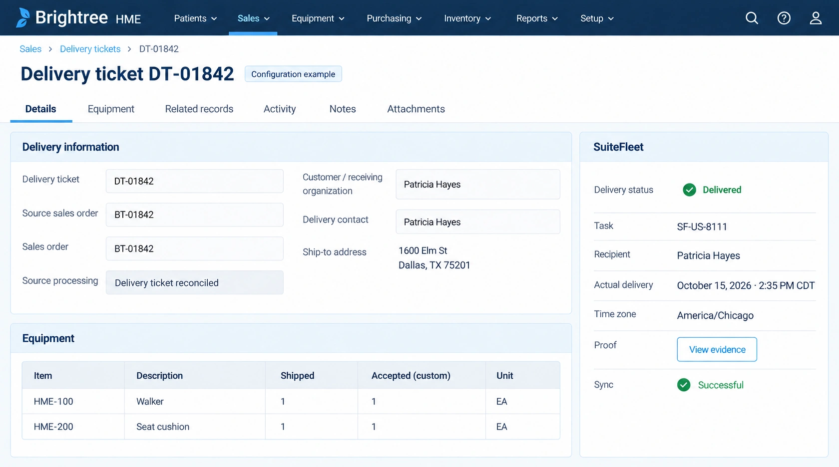 Brightree HME completed delivery example linked to BT-01842