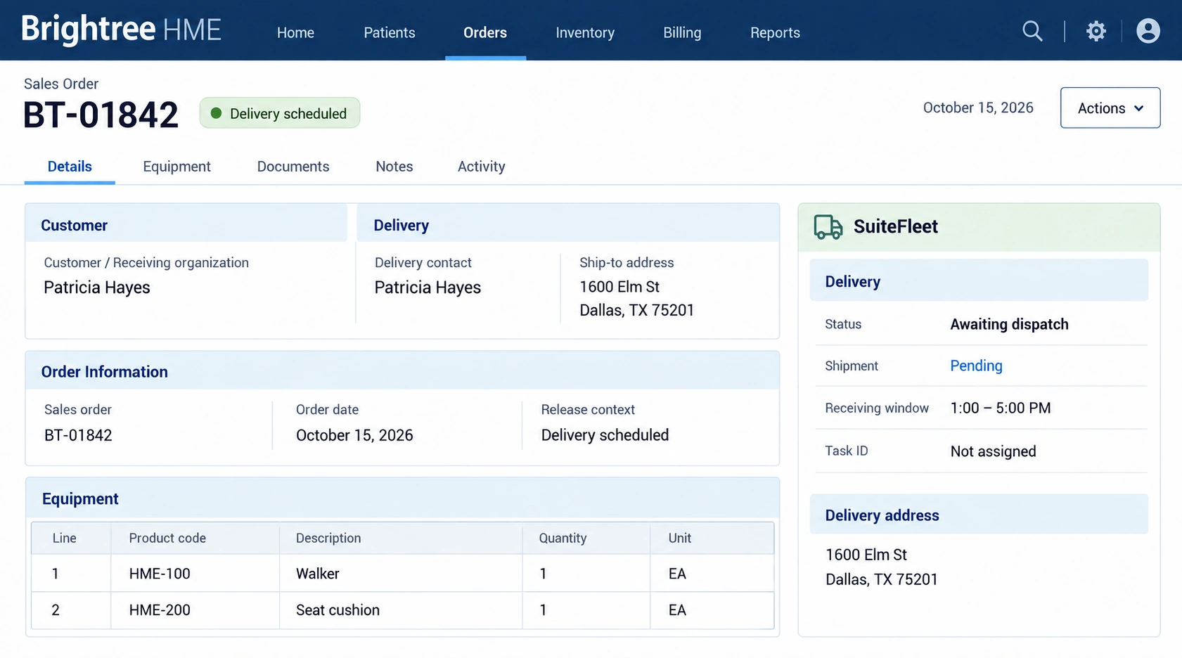Brightree HME starting order BT-01842 with SuiteFleet extension