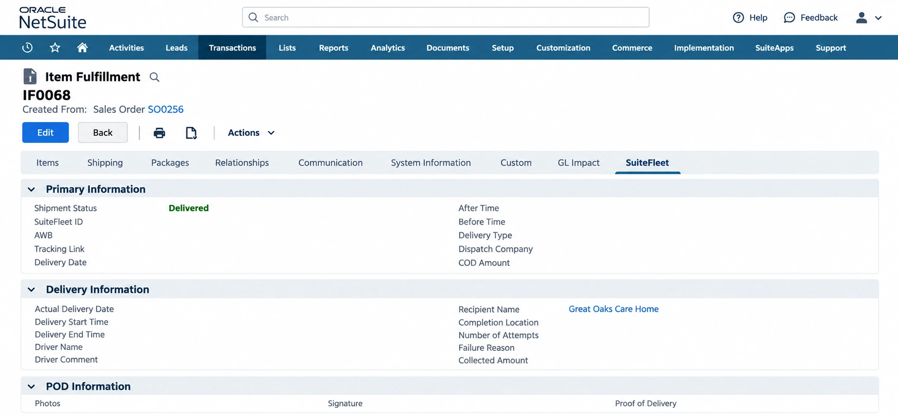NetSuite Item Fulfillment IF0068 SuiteFleet tab showing Delivered