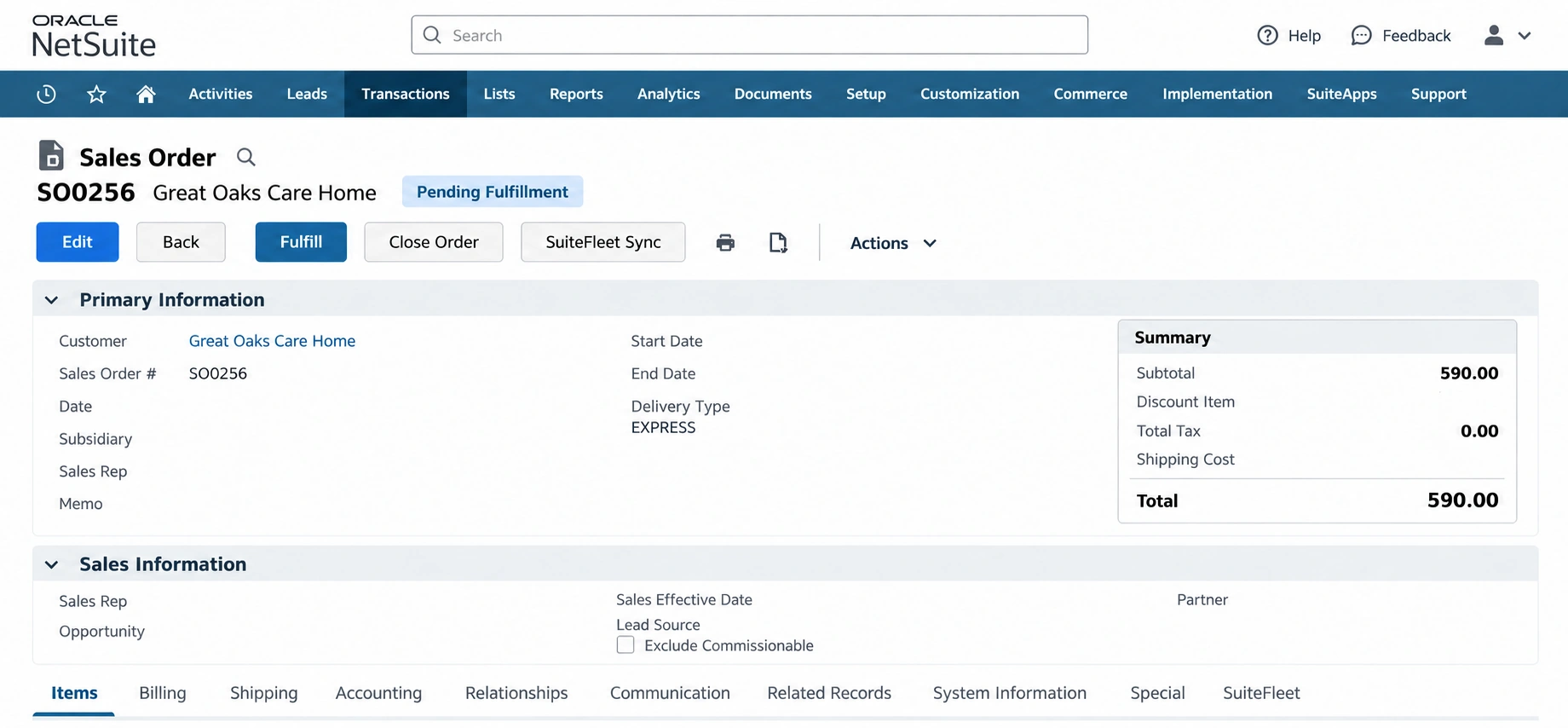 NetSuite sales order SO0256 pending fulfillment with SuiteFleet tab visible