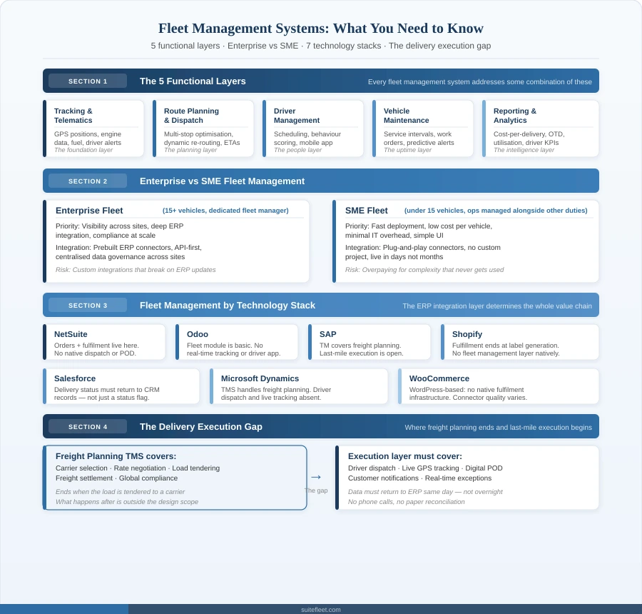 Fleet management systems guide: 5 functional layers — vehicle tracking, route planning, driver management, vehicle maintenance, and reporting and analytics