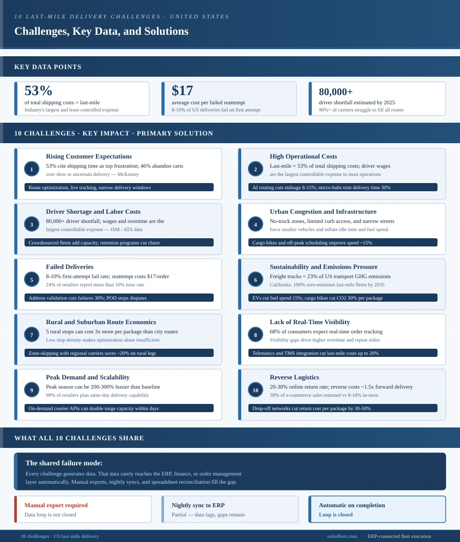 Last-mile delivery challenges: infographic showing 10 operational problems including failed deliveries, high costs, driver shortages, and urban congestion