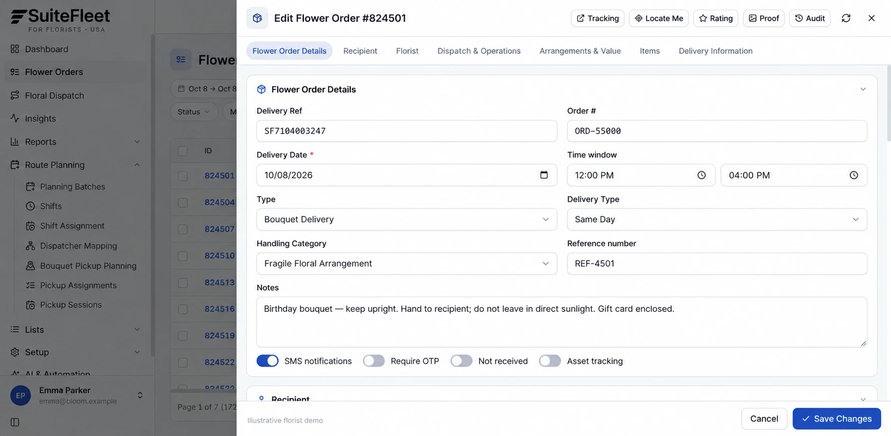 Florist delivery order details with recipient information, time window, and bouquet handling notes