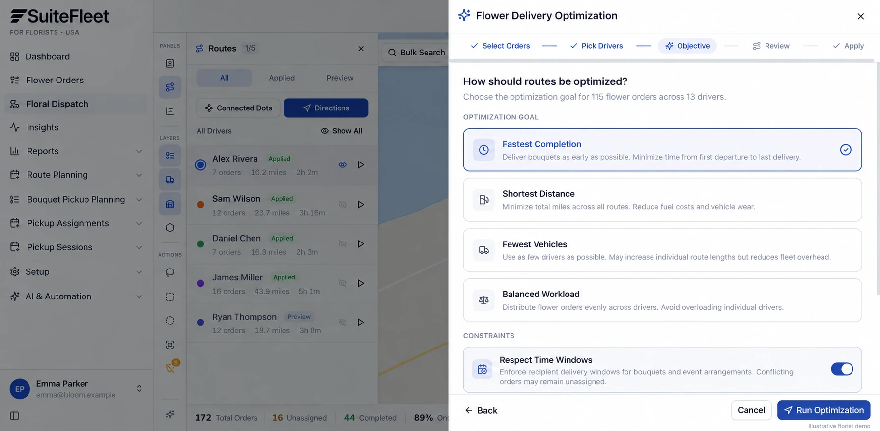 Flower delivery route optimization settings showing time windows and planning objectives