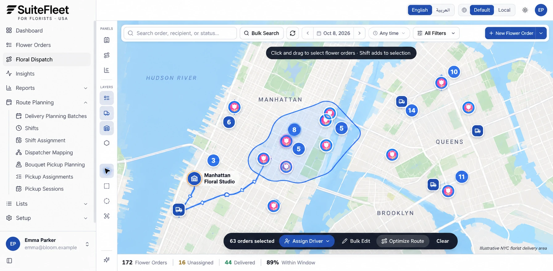 Illustrative U.S. delivery area lasso selection with driver assignment and route optimization actions