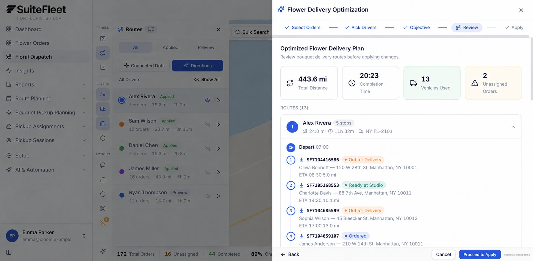 Optimized flower delivery route preview showing estimated arrivals and unassigned orders