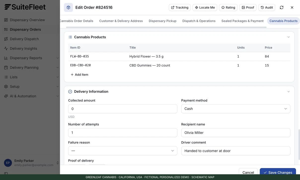 SuiteFleet demo order-detail screen showing a cannabis delivery order and customer delivery information