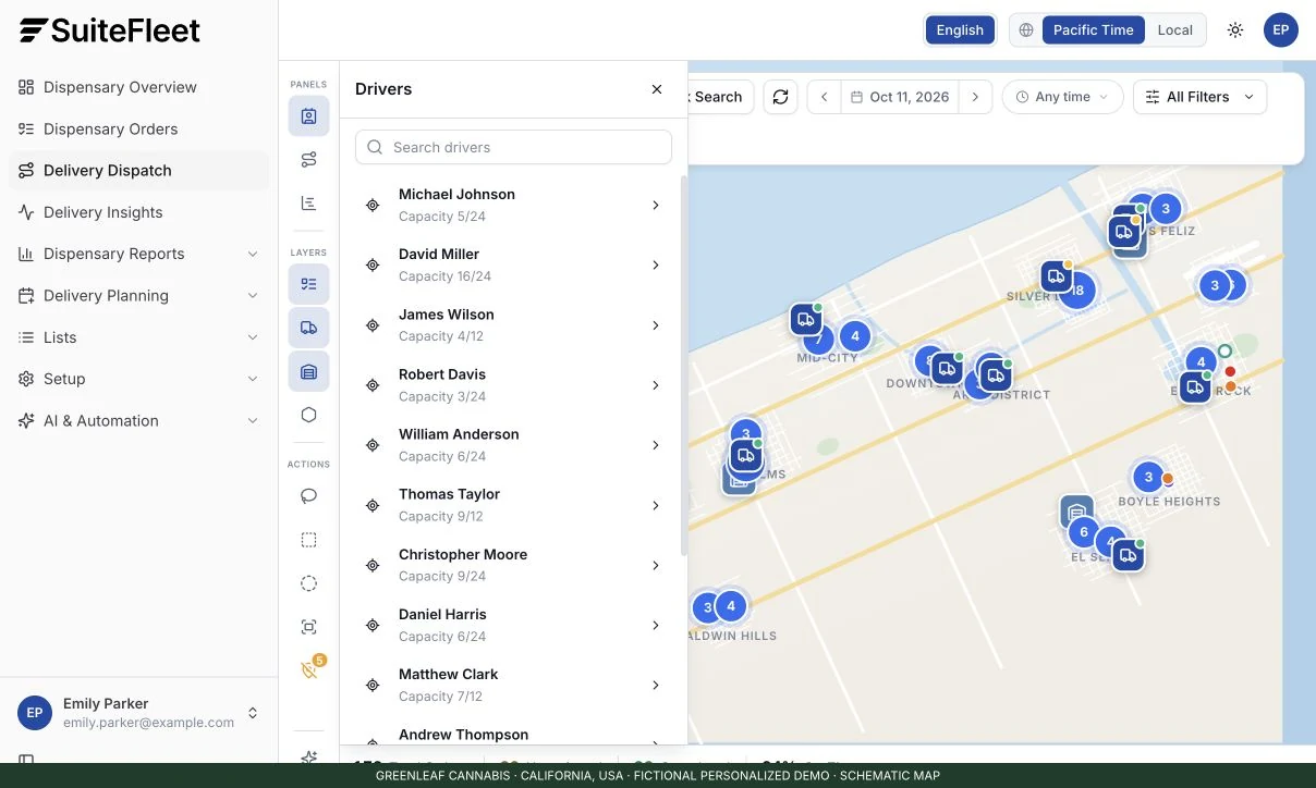 SuiteFleet demo dispatch screen showing cannabis delivery assignments, driver availability, and a schematic route map