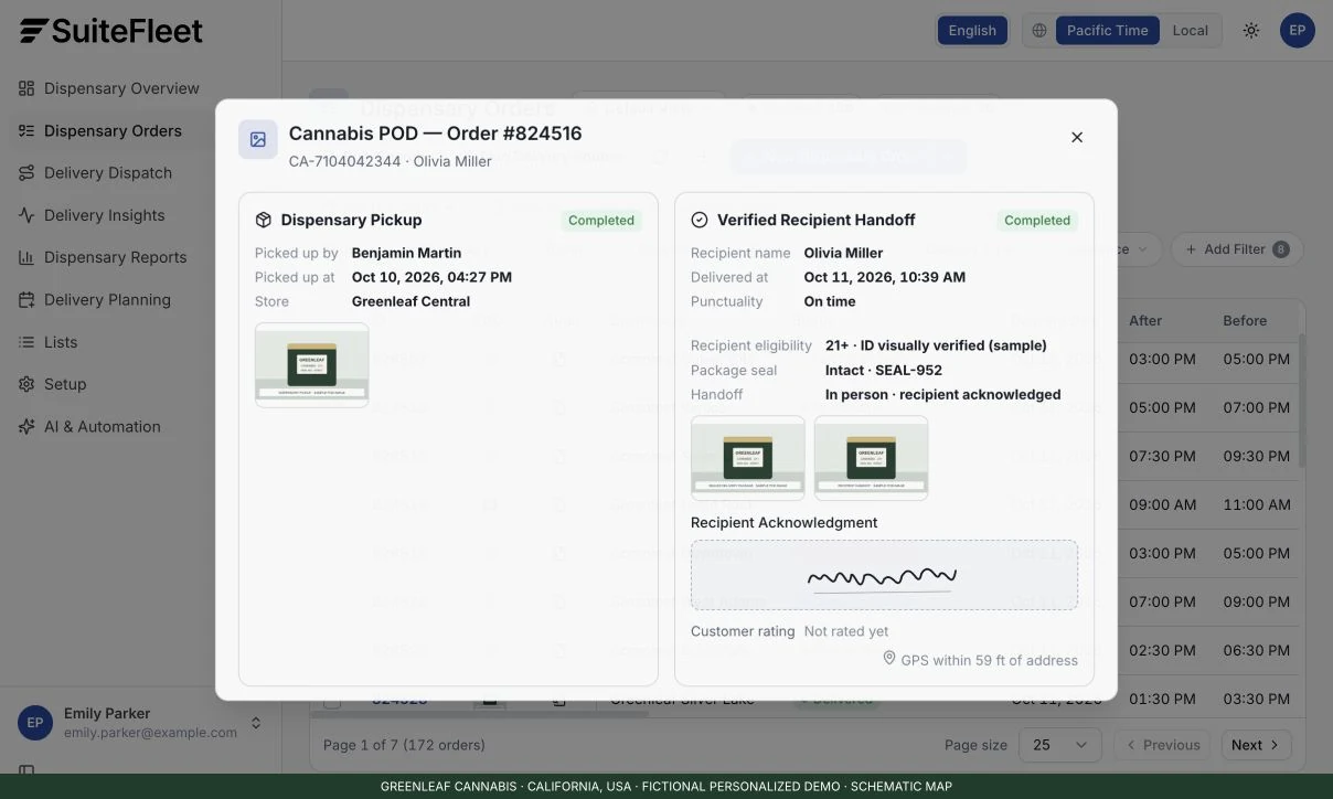 SuiteFleet demo proof-of-delivery screen with sample cannabis handoff and verification fields