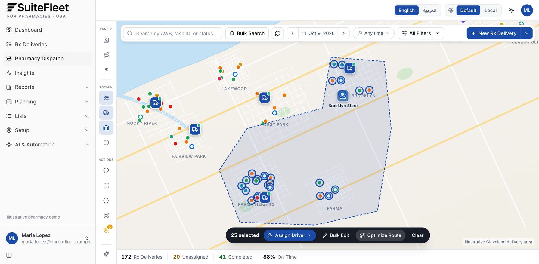 Illustrative lasso selection of pharmacy deliveries in Brooklyn, Parma, and Parma Heights with assign and optimize actions