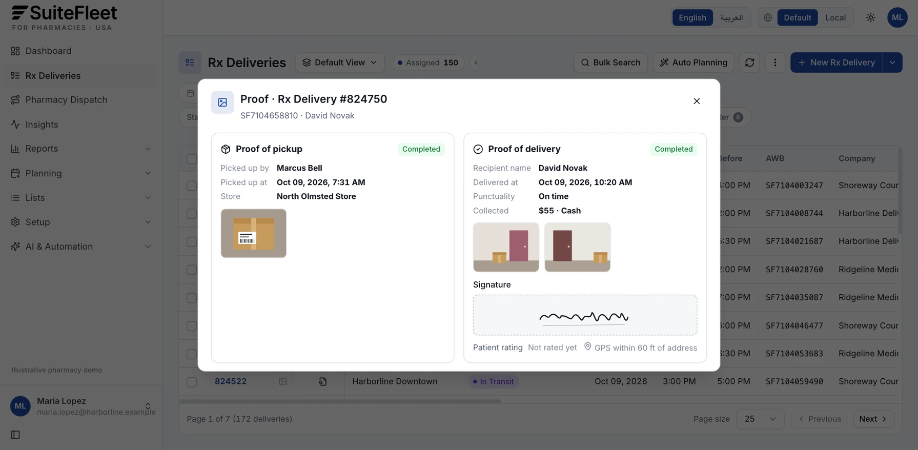 Prescription proof of delivery showing pickup details, recipient, delivery time, copay collected, photos, and signature