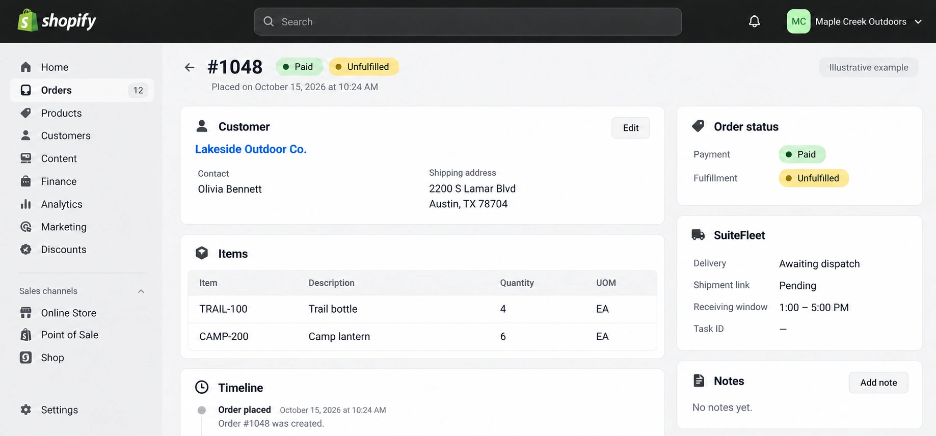 Shopify order with SuiteFleet delivery fields