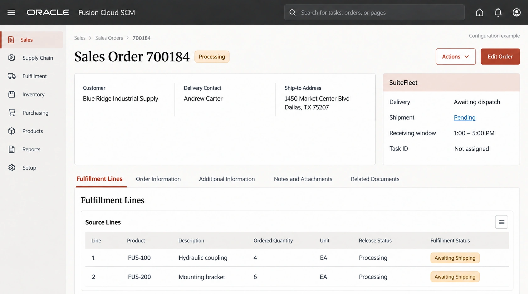 Oracle Fusion Cloud SCM order with SuiteFleet delivery fields