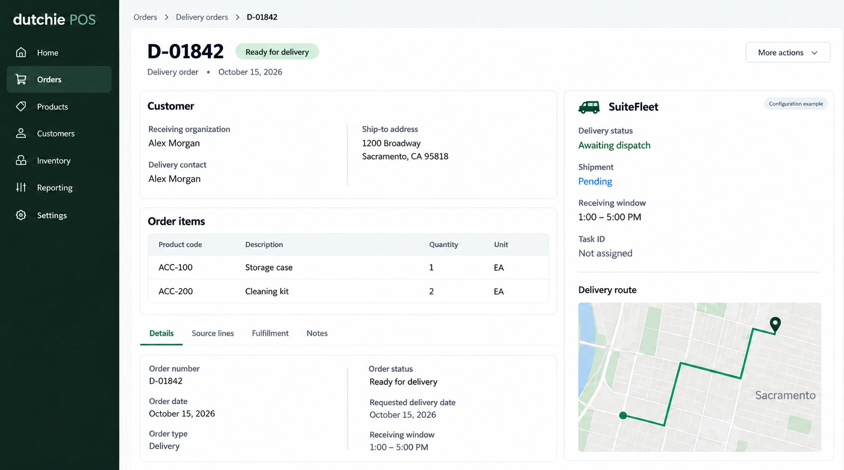 Dutchie POS order with SuiteFleet delivery fields