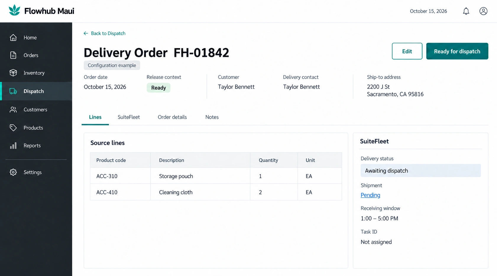 Flowhub Maui order with SuiteFleet delivery fields
