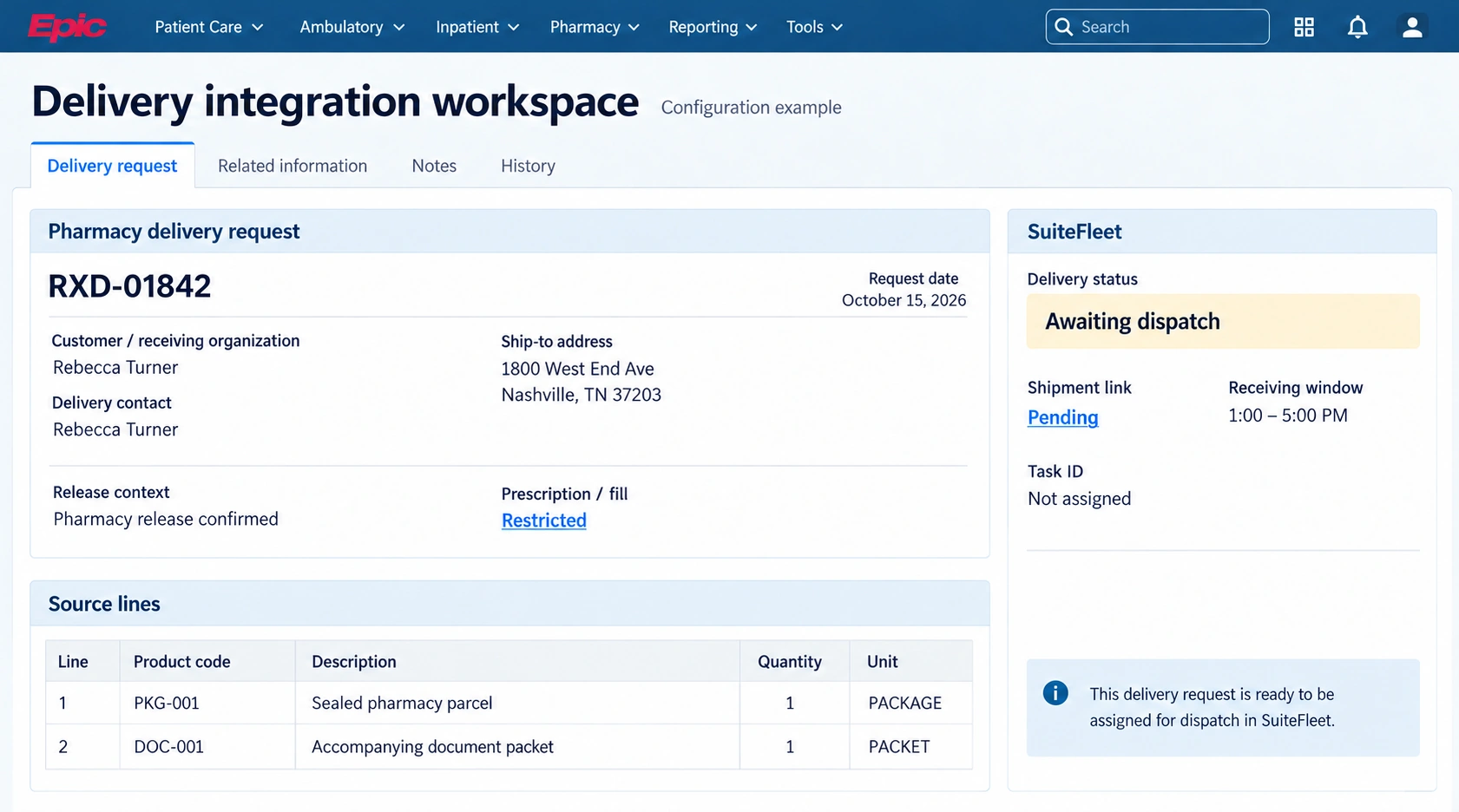 Epic order with SuiteFleet delivery fields