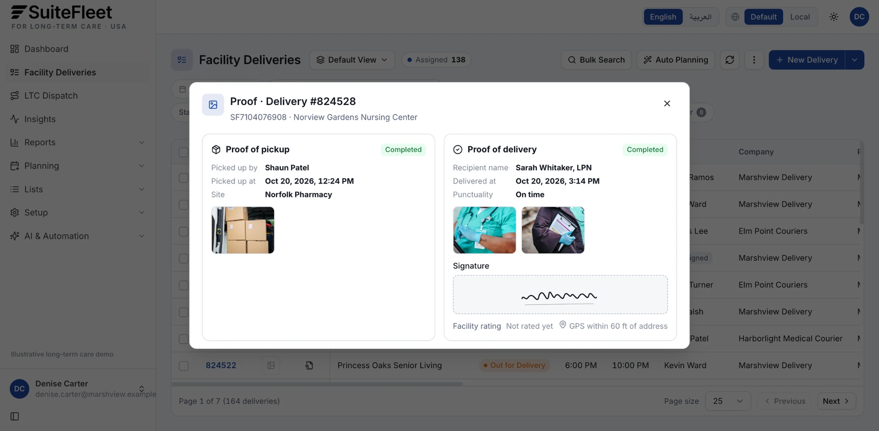 Long-term care proof of delivery showing pickup details, the receiving nurse, delivery time, photos, and signature