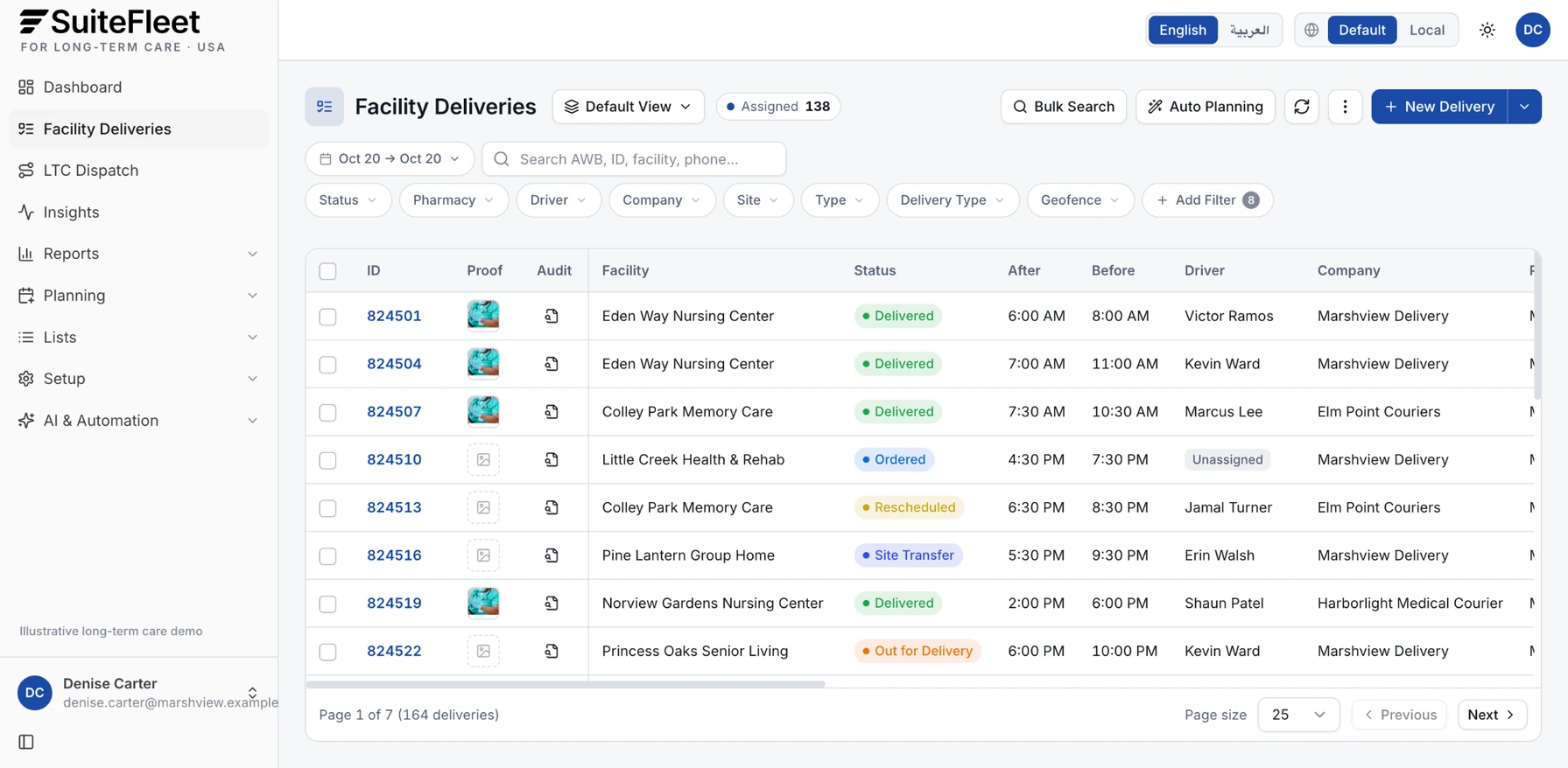 Long-term care facility delivery list showing facilities, delivery windows, status, drivers, and courier companies
