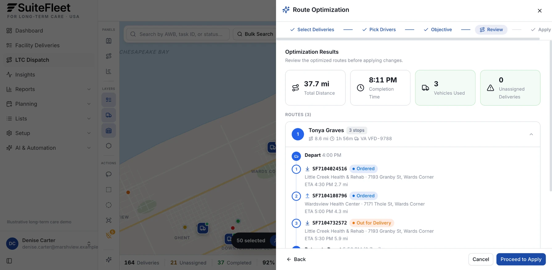 Optimized long-term care evening routes showing total distance, completion time, vehicles used, and a STAT stop first in the route