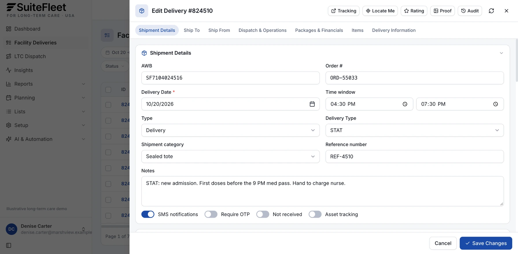 STAT delivery details with a 4:30 to 7:30 PM window, sealed tote category, and a note to hand the order to the charge nurse