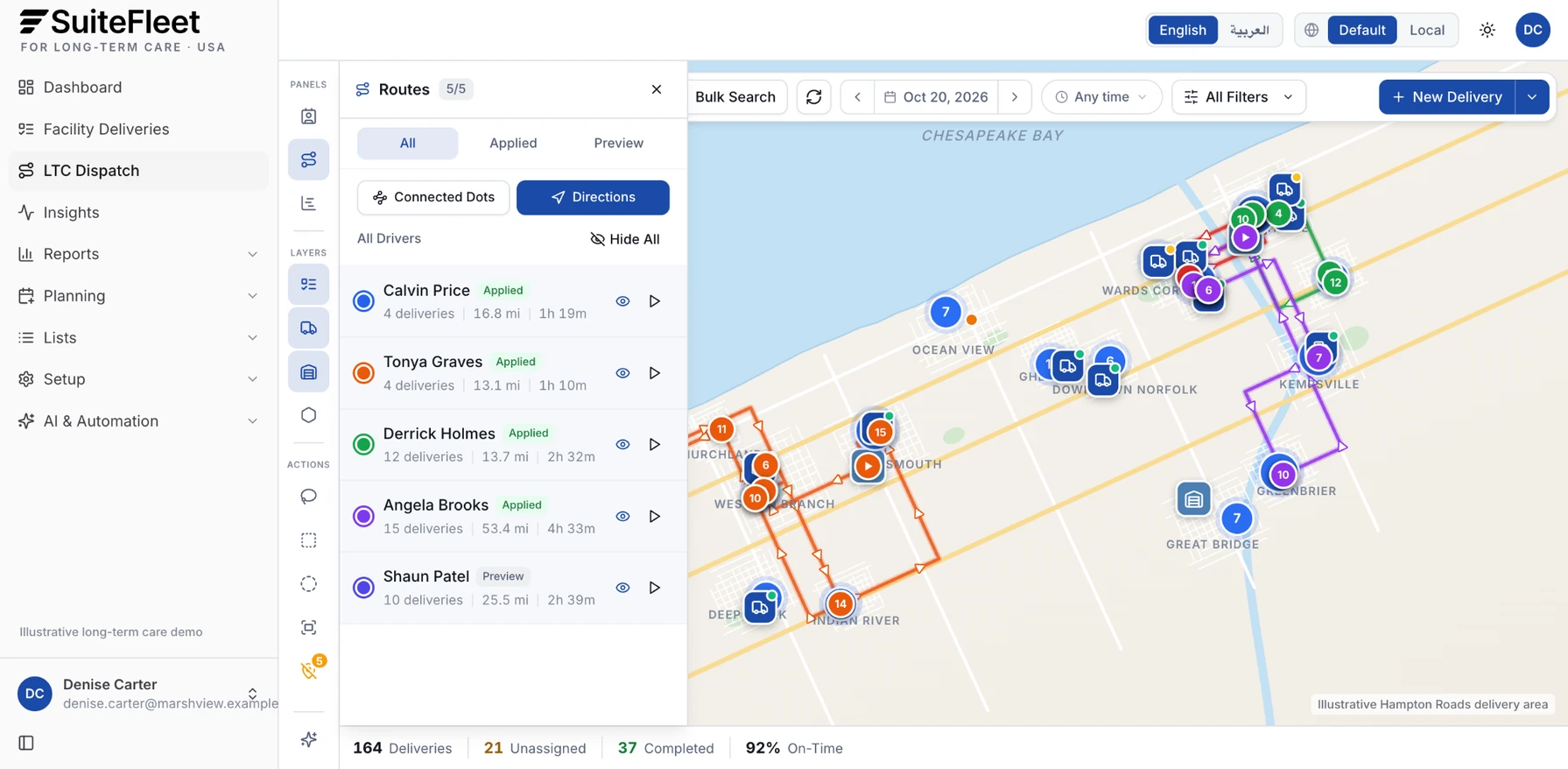 SuiteFleet long-term care dispatch workbench showing driver routes with deliveries, miles, and hours across Hampton Roads