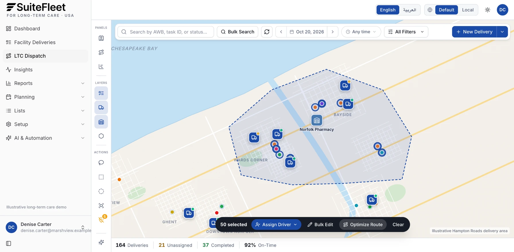 Illustrative lasso selection of long-term care deliveries in Wards Corner, Norview, and Bayside with assign, bulk edit, and optimize actions
