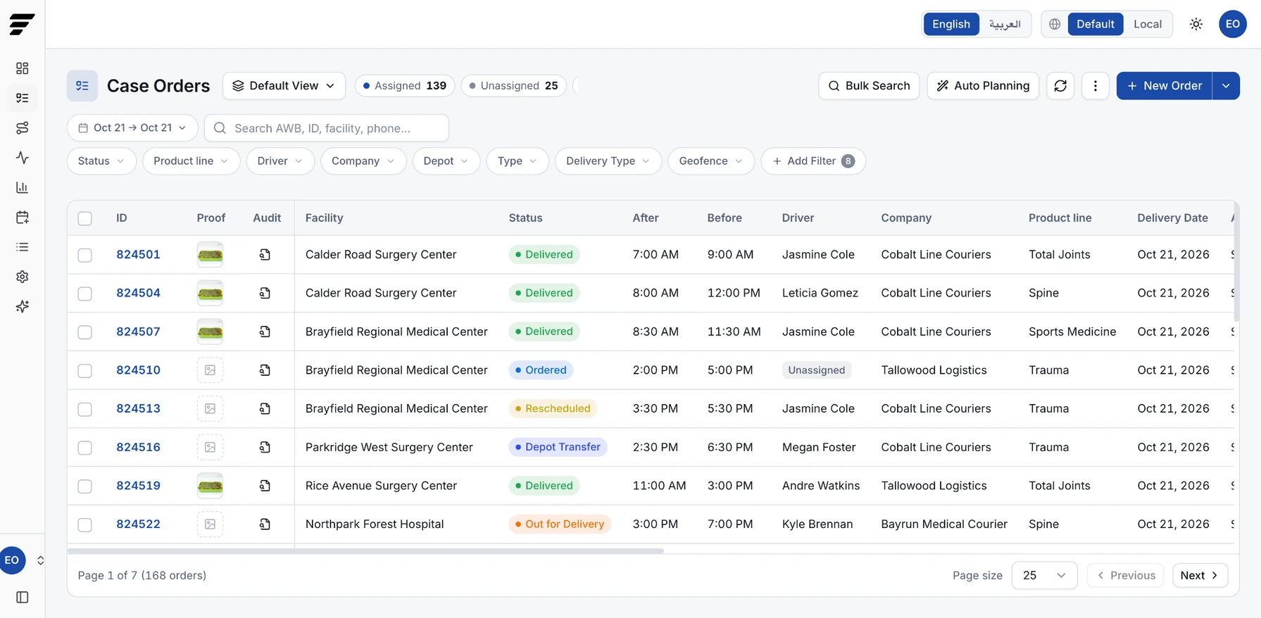Medical device case order list showing hospitals, delivery windows, status, drivers, courier companies, and product lines