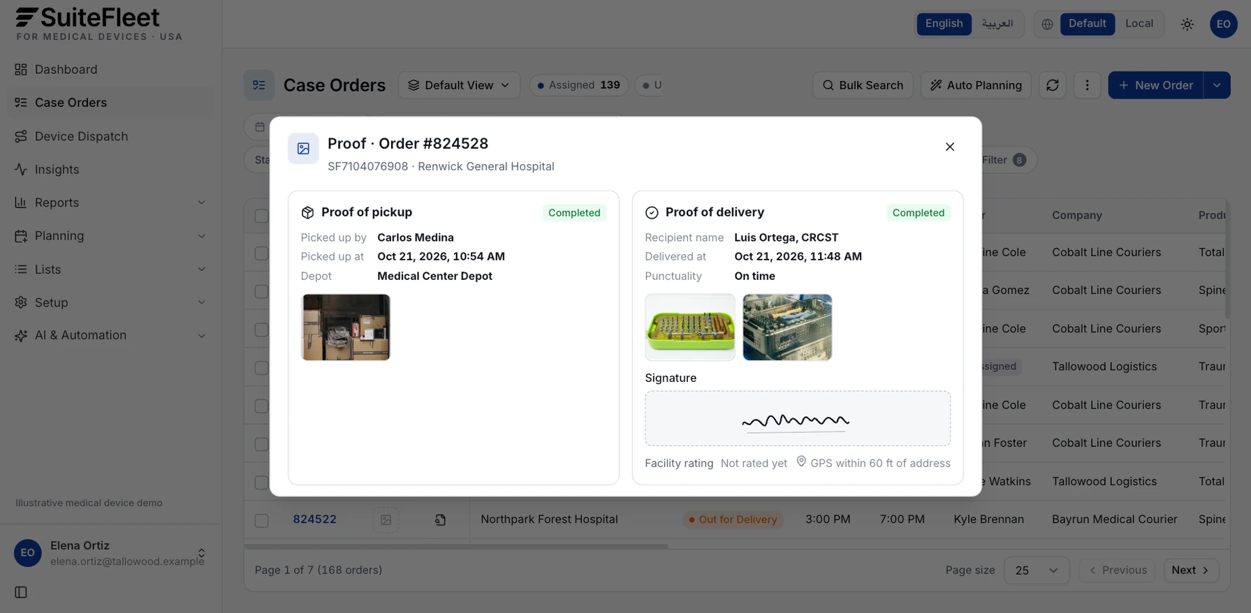 Medical device proof of delivery showing pickup details, the receiving sterile processing technician, delivery time, photos, and signature