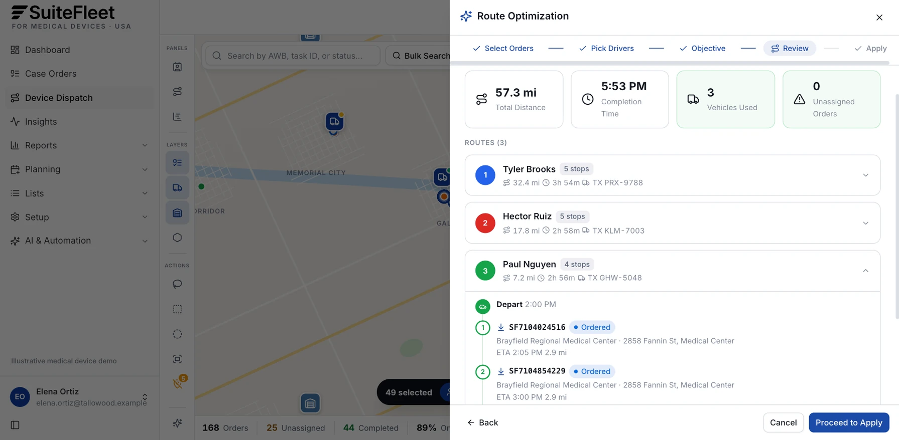 Optimized afternoon routes for loaner sets showing total distance, completion time, vehicles used, and a STAT set first in the route