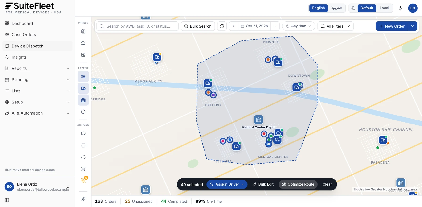 Illustrative lasso selection of medical device orders around the Medical Center, Bellaire, Galleria, Downtown, and Heights with assign, bulk edit, and optimize actions