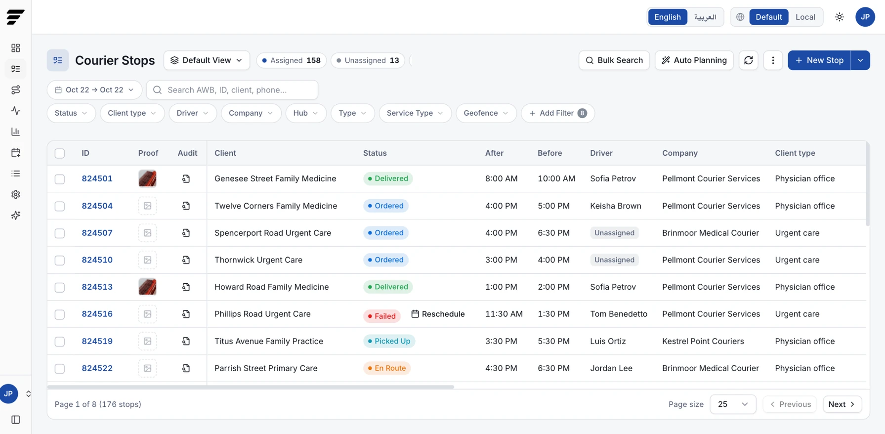 Lab courier stop list showing client offices, pickup windows, status, couriers, courier companies, and client types