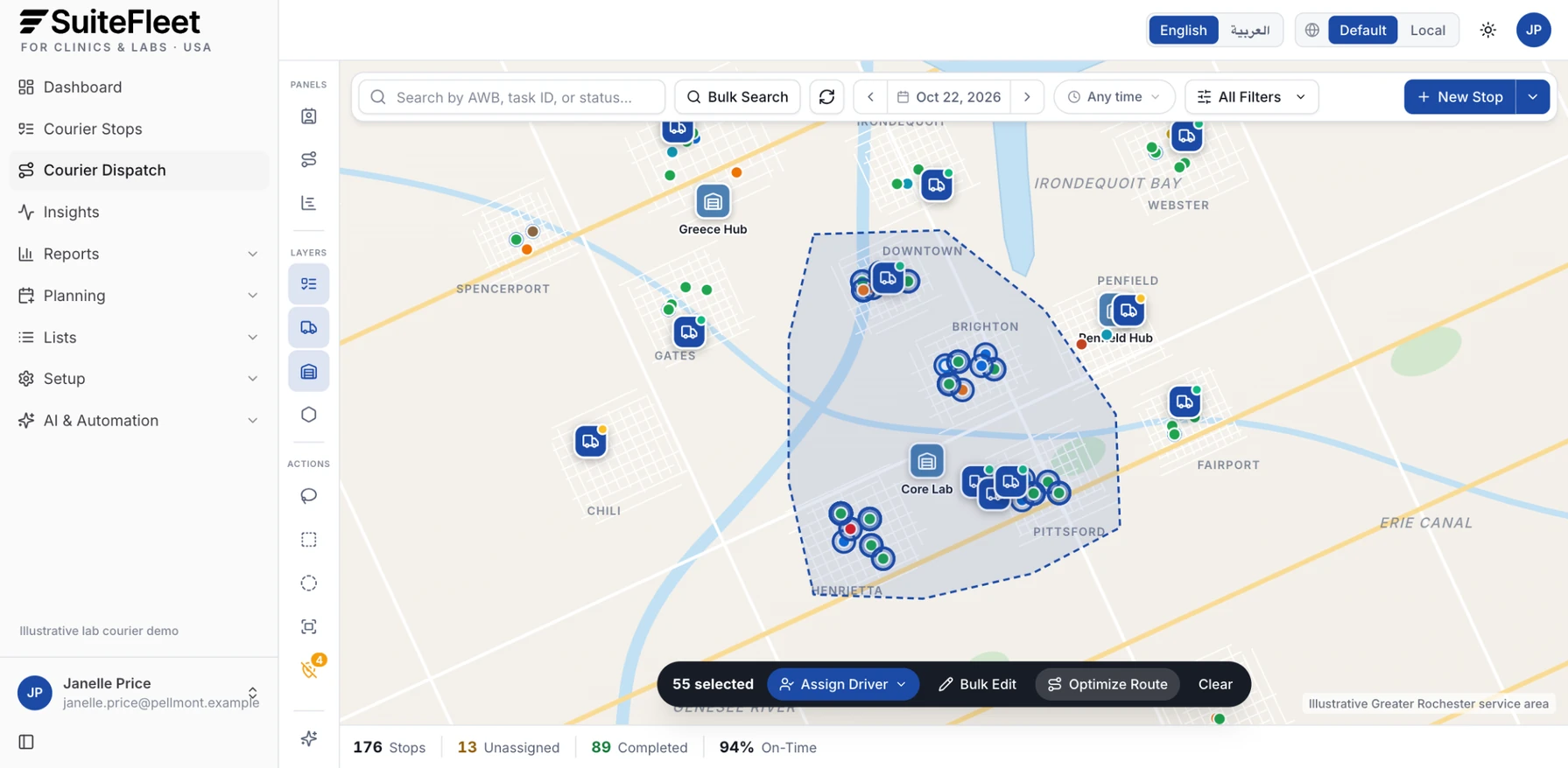 Illustrative lasso selection of courier stops around the Core Lab in Downtown, Brighton, Pittsford, and Henrietta with assign, bulk edit, and optimize actions