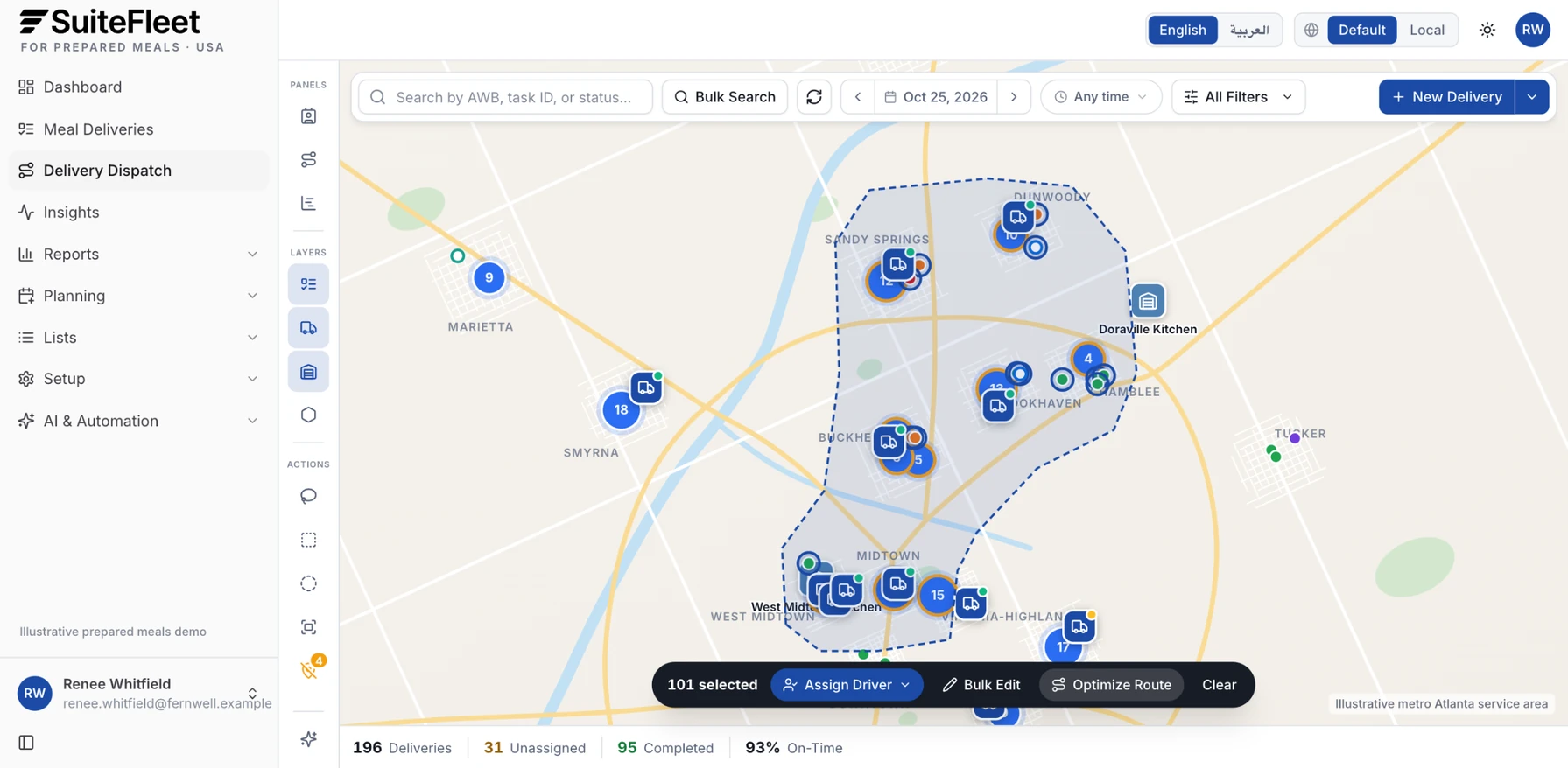 Illustrative lasso selection of meal deliveries from West Midtown north to Sandy Springs and Dunwoody with assign, bulk edit, and optimize actions