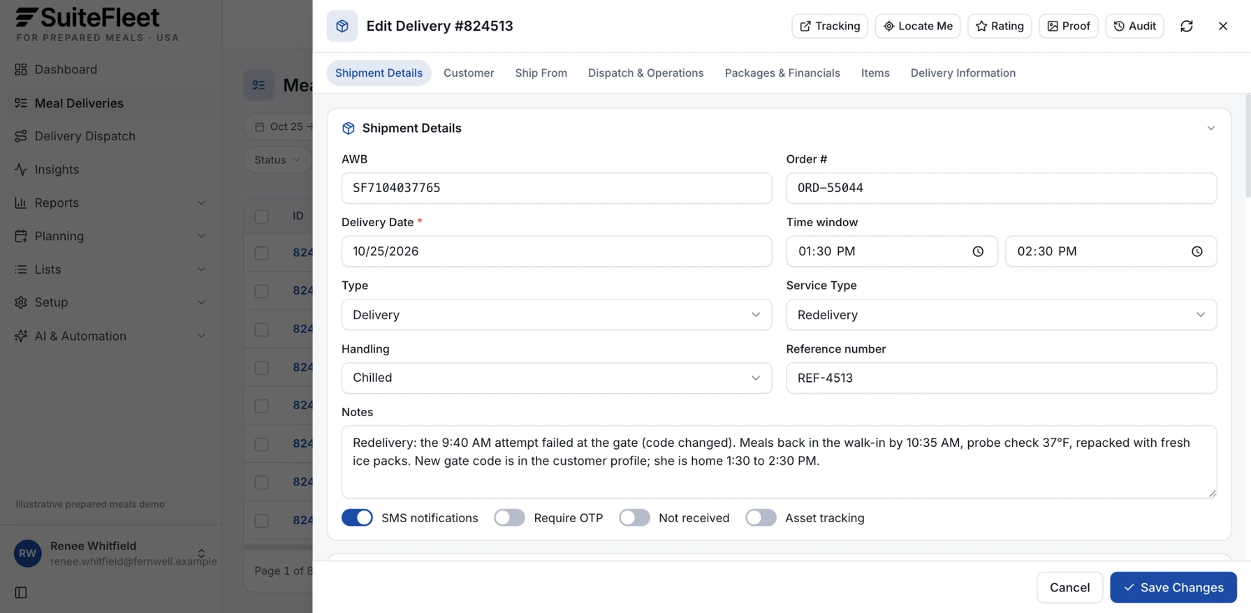 Redelivery details with a 1:30 to 2:30 PM window, chilled handling, and a note on the failed gate attempt, the probe check, and fresh ice packs