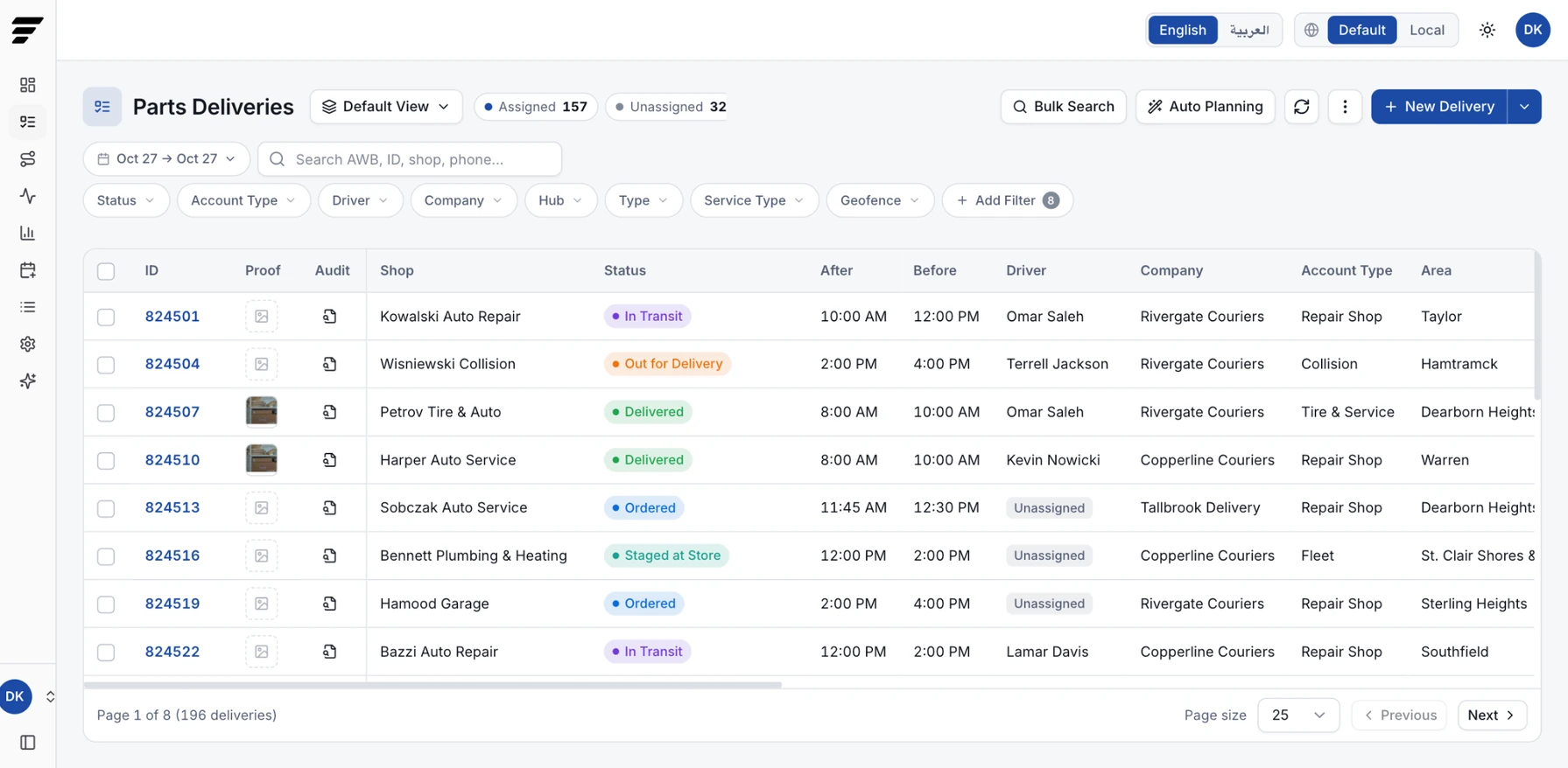 Auto parts delivery list showing repair shops, delivery status, time windows, drivers, courier companies, account types, and areas