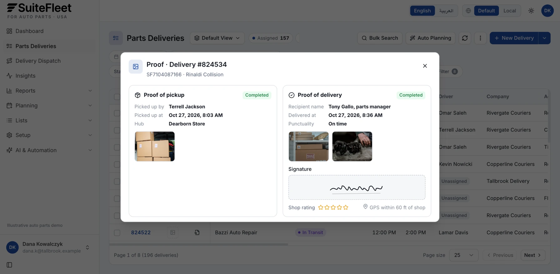 Proof of pickup and delivery for a collision shop showing the driver, pickup time at the Dearborn store, the parts manager who received the parts, photos, and signature