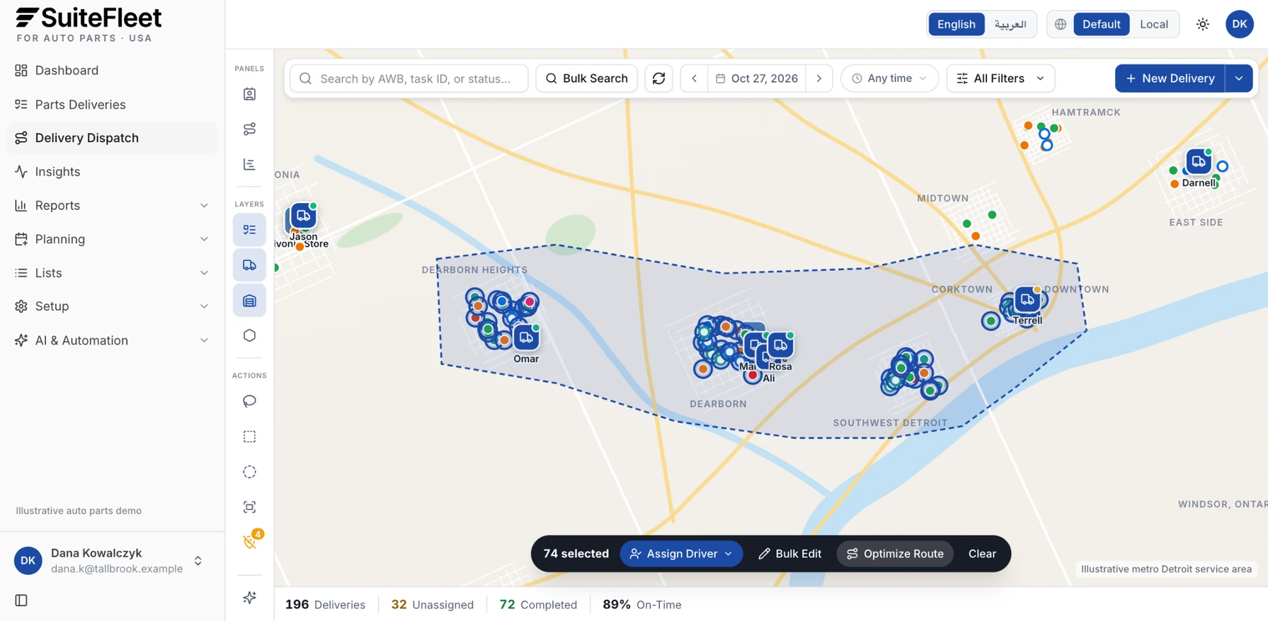 Illustrative lasso selection of parts deliveries in Dearborn Heights, Dearborn, Southwest Detroit, Corktown, and Downtown with assign, bulk edit, and optimize actions