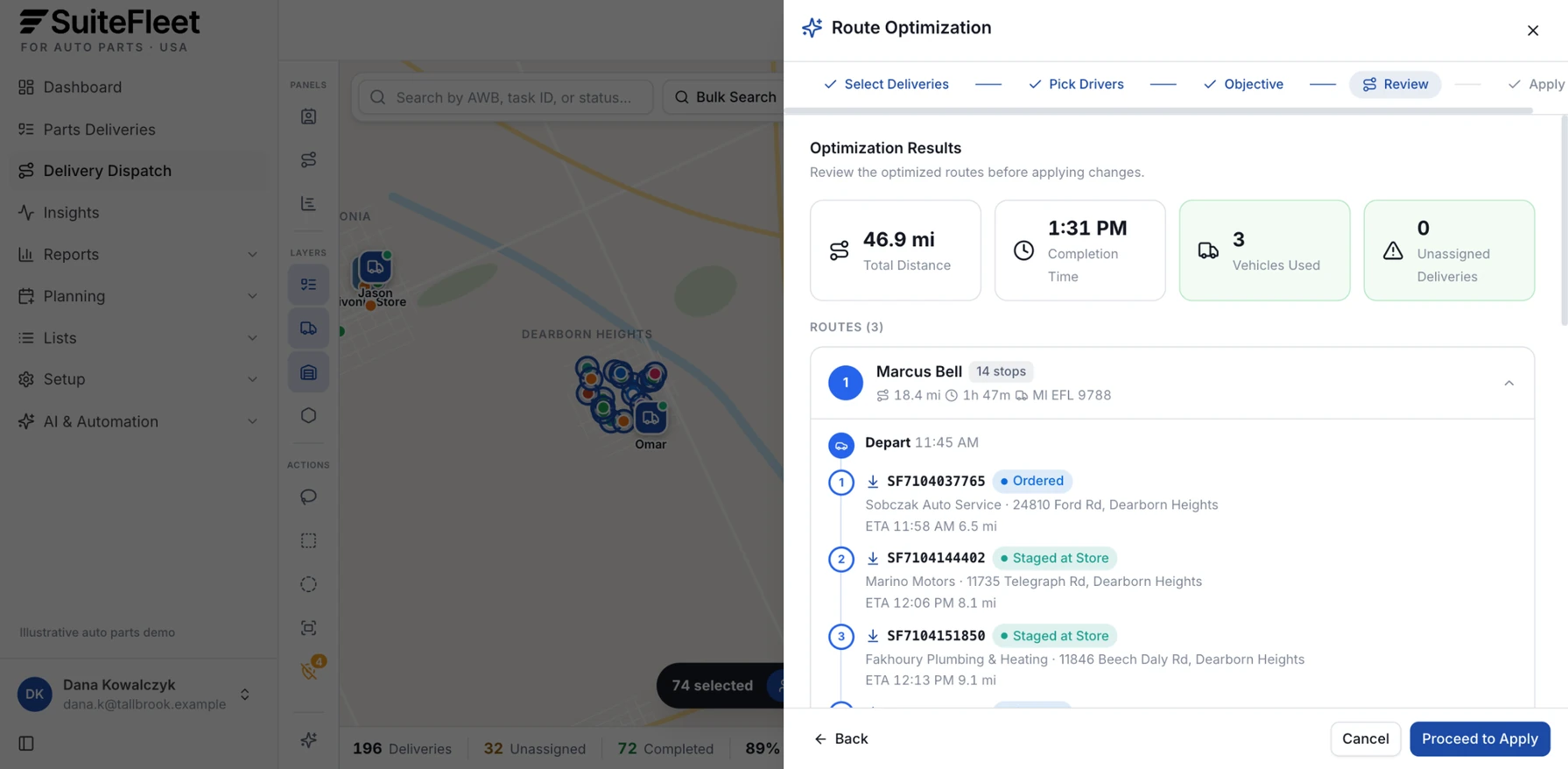 Optimized noon delivery run showing total distance, completion time, drivers used, and the hot shot first on a route